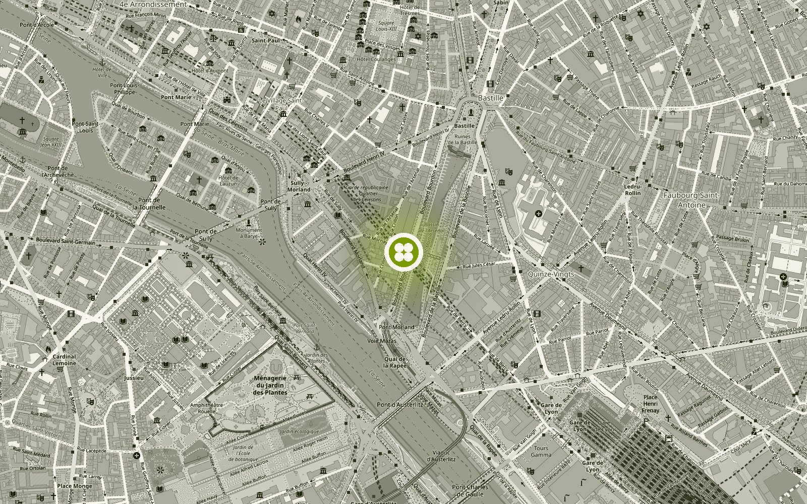Plan du quartier : le restaurant se trouve boulevard Bourdon, entre la place de la Bastille et le bassin de l’Arsenal.